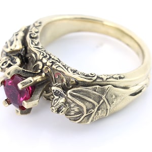 14 kt Gold Bat Ring with Ruby, Luxury Goth Wedding Ring, Gothic Engagement, Gothic Jewelry, Bat Ring, Bat Jewelry, Goth Wedding, Goth Ring