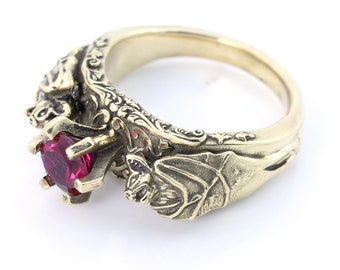 14 kt gouden vleermuis ring met robijn, luxe goth trouwring, gotische verloving, gotische sieraden, vleermuis ring, vleermuis sieraden, goth bruiloft, goth ring