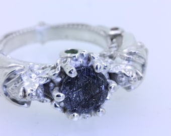 Fancy Bat Scroll Ring Black Rutilated Quartz with Tourmaline and Citrine - Gothic Engagement Wedding Victorian Filigree Jewelry Engagement