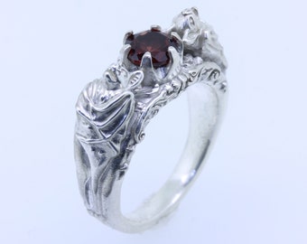 Gothic styled Bat Ring with Natural Garnet and Renaissance Style Scrolls very Lifelike and Highly Detailed in Sterling Silver, Goth Ring