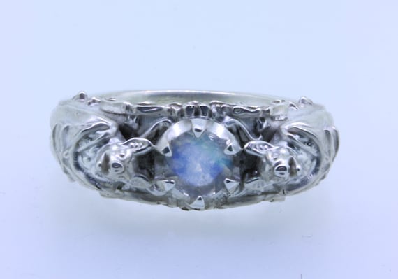 Bat Ring with Iridescent Moonstone Low Bezel Gothic Ring Jewelry Goth Bat Jewelry Vampire Bat Gothic Engagement Ring Art Nouveau Bats
