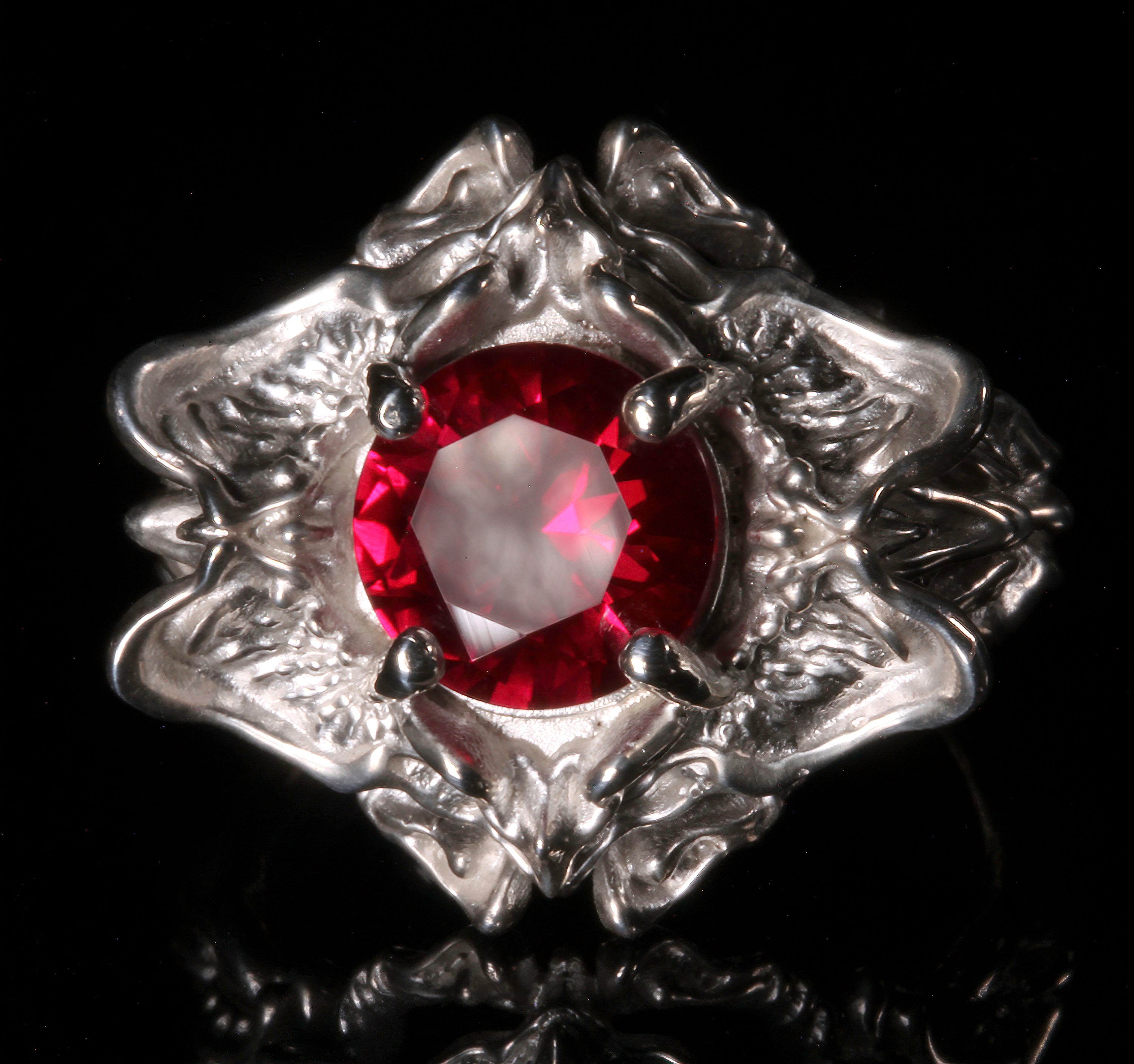 Giger inspired Alien ring with Ruby Bio Mechanical Organic Art Nouveau Alien Flower Succulent Floral Jewelry Modern Contemporary Ring Sci Fi