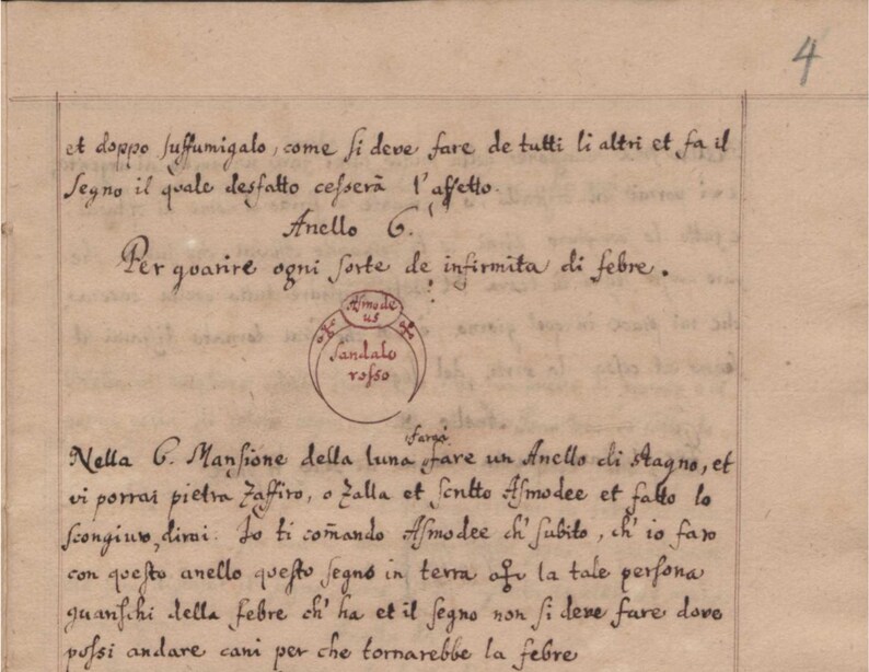 K&ouml;nnte beinhalten: Eine Seite aus einem alten Manuskript mit handschriftlichem italienischem Text. Der Text enth&auml;lt die W&ouml;rter "Anello" und "Sandalo rosso" sowie eine kleine kreisf&ouml;rmige Illustration. Das Papier ist vergilbt.