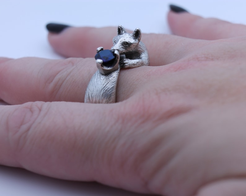 Fox Ring Blue Sapphire Fox Jewelry Engagement Ring Fox Tail Cosplay Jewelry Animal Ring Silver Fox Ring Nature Gift for Her Cute Fox Gift image 3