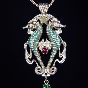 Art Nouveau Jewelry Seahorse Pendant Ocean Jewelry Mermaid Jewelry Opal Pendant Ruby Pedant Emerald Pendant Beach Jewelry Seahorse Necklace image 2