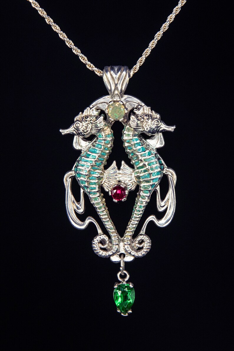 Art Nouveau Jewelry Seahorse Pendant Ocean Jewelry Mermaid Jewelry Opal Pendant Ruby Pedant Emerald Pendant Beach Jewelry Seahorse Necklace image 2