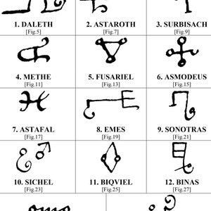 K&ouml;nnte beinhalten: Schwarz-Wei&szlig;-Illustration von 14 Siegeln mit Namen und Abbildungsnummern. Das Wort "Siegel" steht oben. Jedes Siegel ist ein einzigartiges, stilisiertes Symbol mit Namen wie "Astaroth" und "Asmodeus".