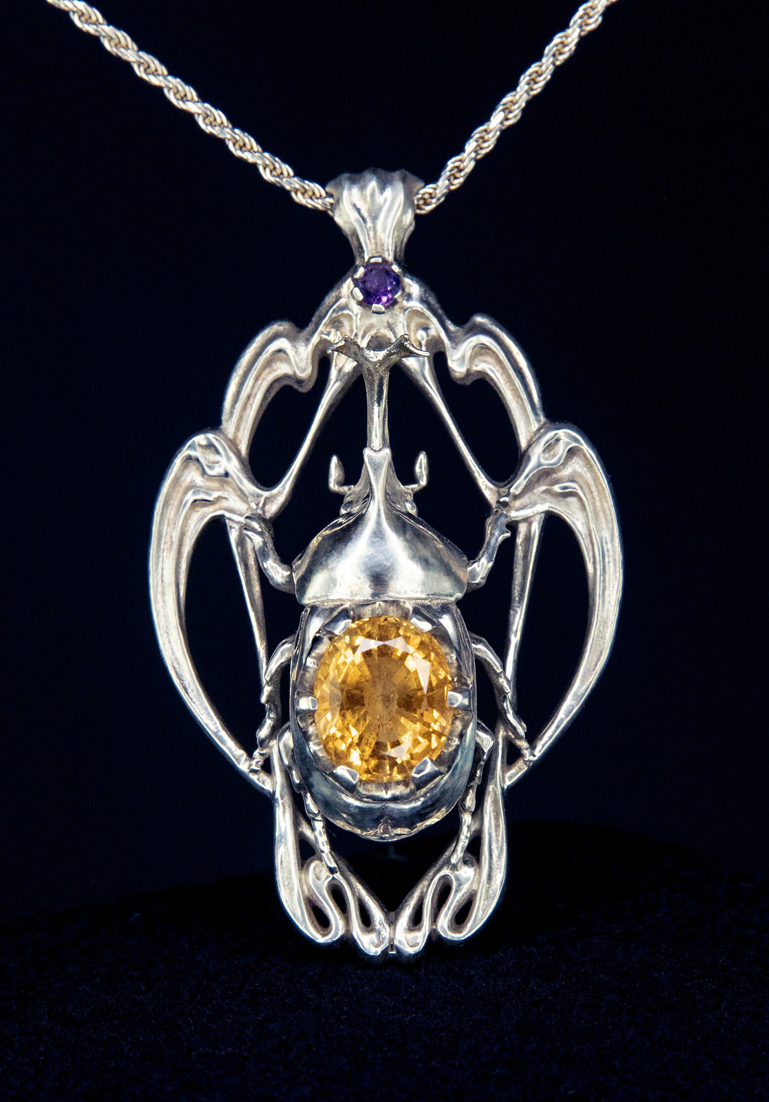 Art Nouveau Style Rhinoceros Beetle Pendant with Citrine Insect Jewelry Nature Jewelry Armor Jewelry Bug Jewelry Thematic Jewelry