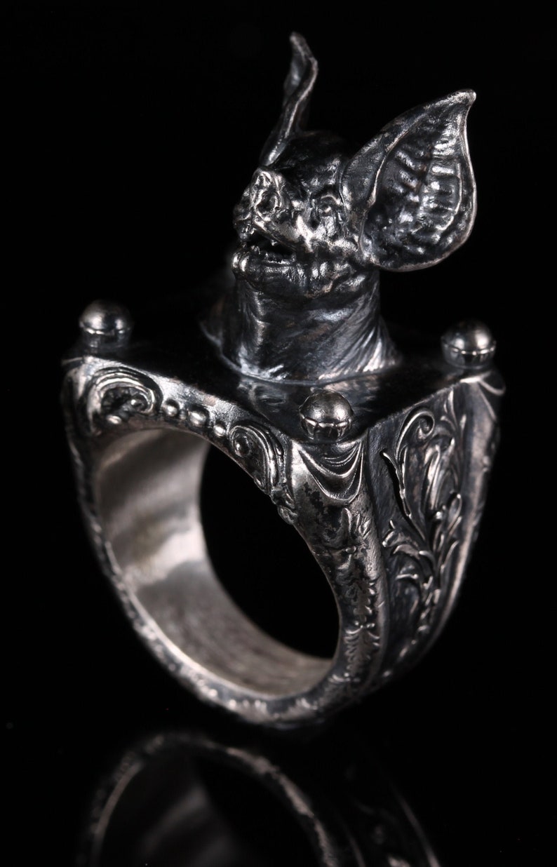 Renaissance Scroll Bat Ring Gothic Ring Bat Jewelry Vampire Bat Ring Gothic Statement Ring Gothic Jewelry Goth Style Biker Ring Vampires image 2