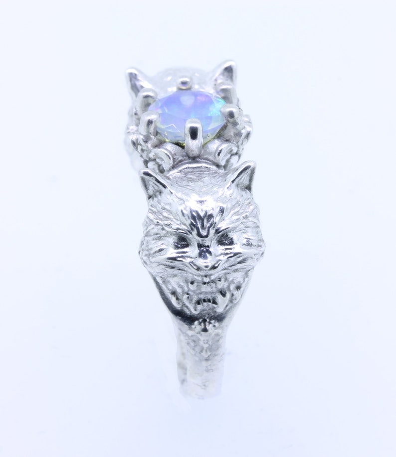 Silver Cat Ring Cat with Opals Cat Jewelry Kitty Ring Cat Lover Gift Cat Ears Ring Kawaii Cat Engagement Ring Cat Gift Animal Handmade Ring image 4