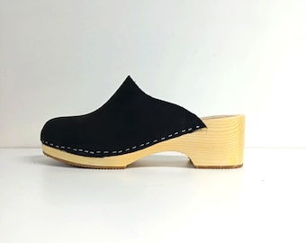 handmade clogs nubuck leather and wood natural shoes black
