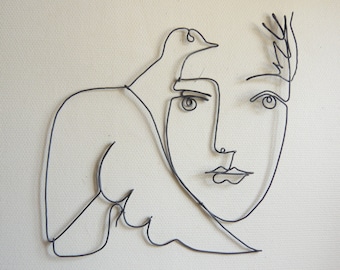 The girl and the dove, Picasso inspiration - Wall decoration, wall phrase - Sculpture, writing, quotation wire