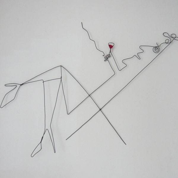 The man with an umbrella inspired by Saul Steinberg, wire art, wire sculpture, wall decoration, one line, the line