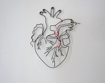 Human heart sculpture, anatomy, stitched, wire art, wall decoration