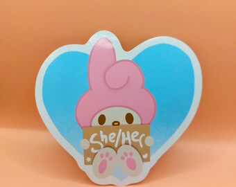 Pink Bunny Pronoun Glossy Vinyl Sticker for Laptop, Water Bottle, Phone Decal