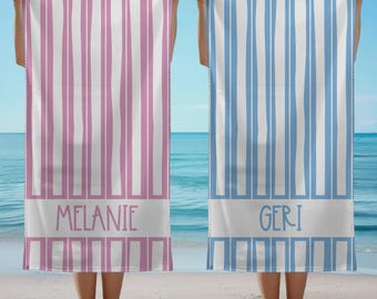 Personalized Bride Beach Towel, Preppy Custom Name Striped Bachelorette Towel, Coastal Bridal Shower Gift, Honeymoon Beach Towel