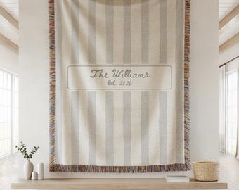 Custom Family Name Woven Blanket, Personalized Last Name Throw with Est Year, Wedding Gift for Couple, Cotton Anniversary Gift