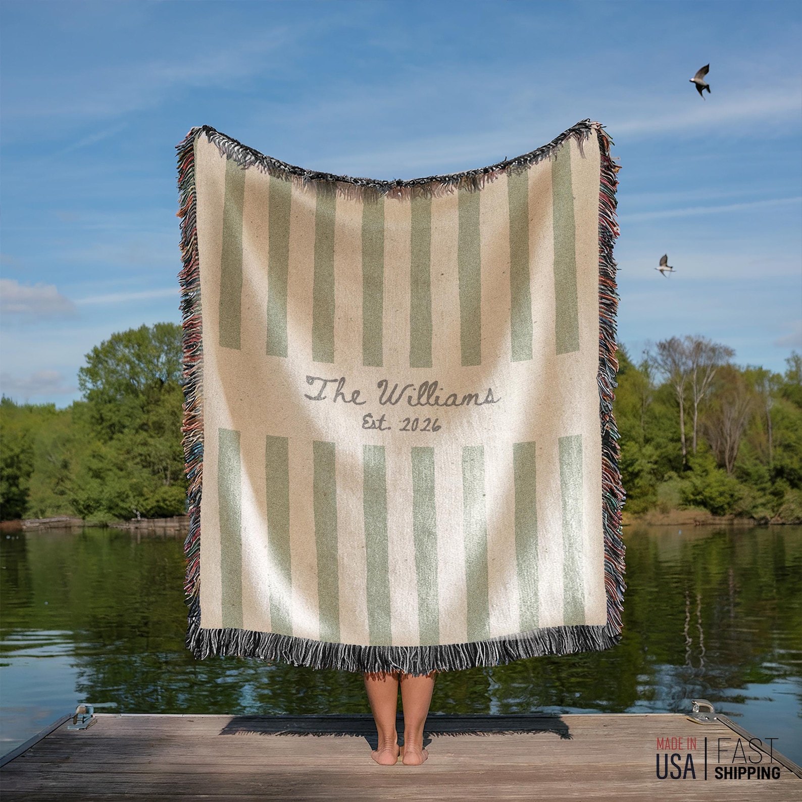 Custom Family Name Woven Blanket, Personalized Last Name Throw with Est Year, Wedding Gift for Couple, Cotton Anniversary Gift - 52'' × 37'', Sage green