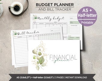 Watercolor Budget Planner Inserts | Monthly Budget and Bill Tracker | A5 & Half Letter Financial Planner PDF. PIBD