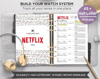 Series Tracker Printable | Binge Watch Planner Inserts | TV Show Tracker and Review Pages | Build Your Watch System | A5 & Half Letter. EST