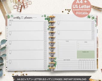 Eucalyptus Weekly Planner Printable | 2-Page Undated Weekly Calendar | A4 & US Letter | Fits Happy Planner Big | Botanical Watercolor. PDF