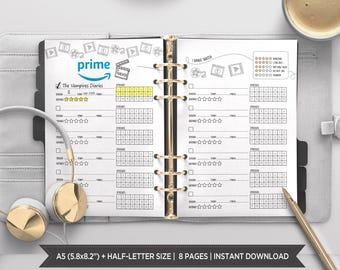 May include: A black and white printable planner for tracking TV shows and movies. The planner has a section for "Binge Watch" and a section for "The Vampire Diaries". The planner is designed for use with a ring binder.