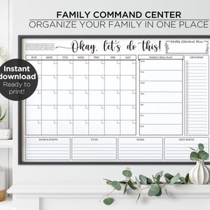 Family Command Center Wall Calendar 24x36 | Monthly Planner + Meal Planner & Grocery List | Printable Family Organizer | Instant download.