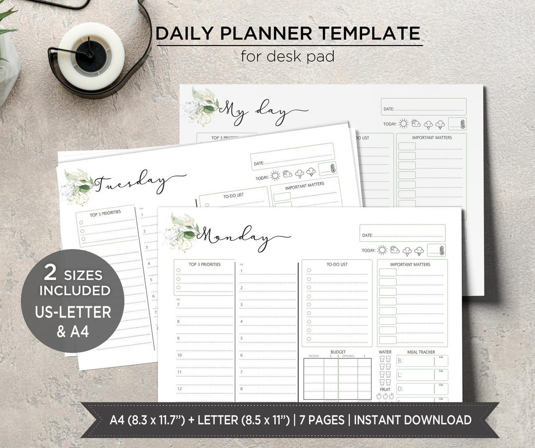 Daily Planner Desk Pad Printable | Botanical Daily Planner Inserts | A4 ...