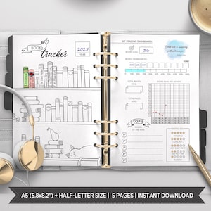 Book journal planner inserts printable | Bullet Journal Book tracker template | Reading journal planner pages to print A5 & half-page. ERT