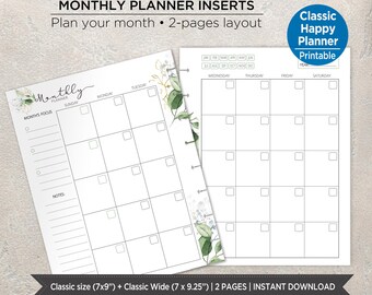 Monthly Planner Printable Botanical Watercolor | 2 Page Monthly Layout | Classic & Classic Wide Planner Inserts | Undated Planner Pages PIBD