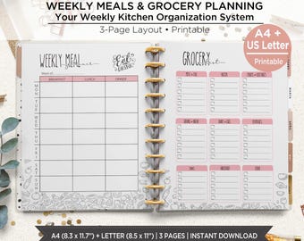 Insertos para planificador de comidas semanal / Planificador de comidas y lista de compras imprimibles / Organizador de cocina imprimible / Páginas de planificador en tamaño A4 y Carta estadounidense. PIMP