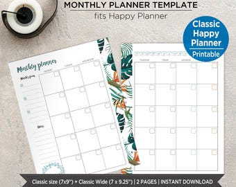 Tropical Monthly Planner Inserts | 2-Page Monthly Layout | Classic & Classic Wide Planner | Printable Monthly Planner Pages. PITD