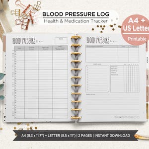 Registro de presión arterial para imprimir / Tabla de presión arterial y seguimiento de medicamentos / Seguimiento diario de presión arterial (tamaño A4 + Carta, compatible con HP Big). PIHL