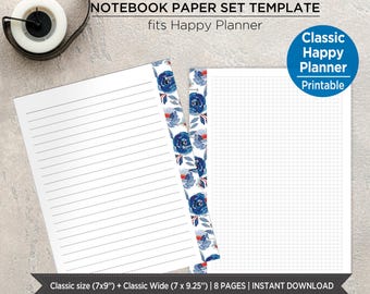 Blue Watercolor Notebook Paper Inserts | Lined, Dot and Grid Pages | Classic & Classic Wide Happy Planner. PIBF