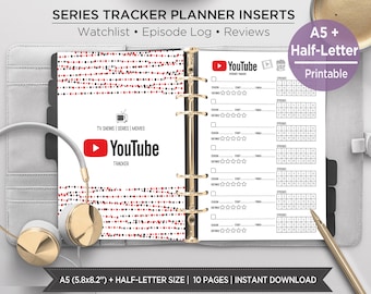 Series Tracker Planner Inserts | TV Show and Movie Tracker Journal, Watchlist, Episode Log, Review Pages | A5 & Half Printable Planner EST