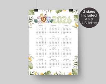 Teacher Desk Calendar 2026 Printable | Safari Animals Classroom Calendar | Desktop Planner | A4 & Letter PDF. DYC