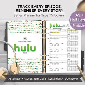 Serien- und Filmtagebuch zum Ausdrucken | TV-Serien-Tracker, Episodenliste und Rezensionsseiten | Einlagen für A5- und Halb-Letter-Planer.