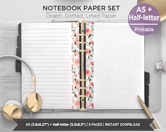 Boho Floral Note Paper Planner Inserts | Lined, Dot, Grid, and Dotted Pages | A5 & Half Letter | Printable PDF. PIRF