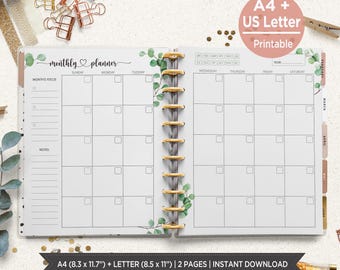 Eucalyptus Monthly Planner Inserts | Month on 2 Pages | A4 & US Letter | Fits Happy Planner Big | Botanical art. PIED