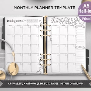 May include: Open monthly planner template with a black and white design. The planner includes a calendar layout, a to-do list, and decorative floral elements. The planner is A5 size (5.8x8.27 inches) and half-letter size (5.5x8.5 inches).