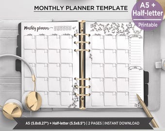 Vintage Monthly Planner Inserts Printable | Hand Drawn Bullet Journal Style | A5 & Half Letter Planner Pages PDF. PIBJ