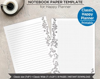 Folhas de anotações vintage para planner, imprimíveis | Papel quadriculado pontilhado com linhas, tamanho clássico | Páginas para bullet journal | Refil para planner. PIBJ