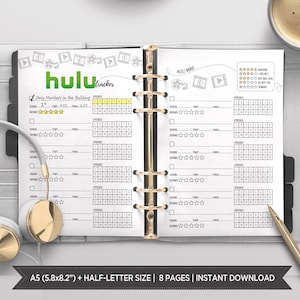 Puede incluir: Un planificador imprimible para hacer un seguimiento de los programas de Hulu. El planificador tiene un diseño en blanco y negro con un logotipo de Hulu verde y el texto "Hulu Tracker". El planificador incluye secciones para calificar los programas, marcar las fechas de inicio y finalización, y hacer un seguimiento de los episodios vistos.