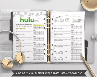 May include: A printable planner for tracking Hulu shows. The planner has a black and white design with a green Hulu logo and the text "Hulu Tracker". The planner includes sections for rating shows, marking start and finish dates, and tracking episodes watched.