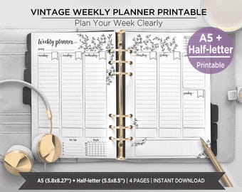 May include: A weekly planner printable in an open binder with gold rings. The white pages feature black floral line art, daily columns, a to-do list, and a habit tracker. Text includes VINTAGE WEEKLY PLANNER PRINTABLE, Plan Your Week Clearly, and A5 + Half-letter Printable. Dimensions are 5.8x8.27 inches and 5.5x8.5 inches.