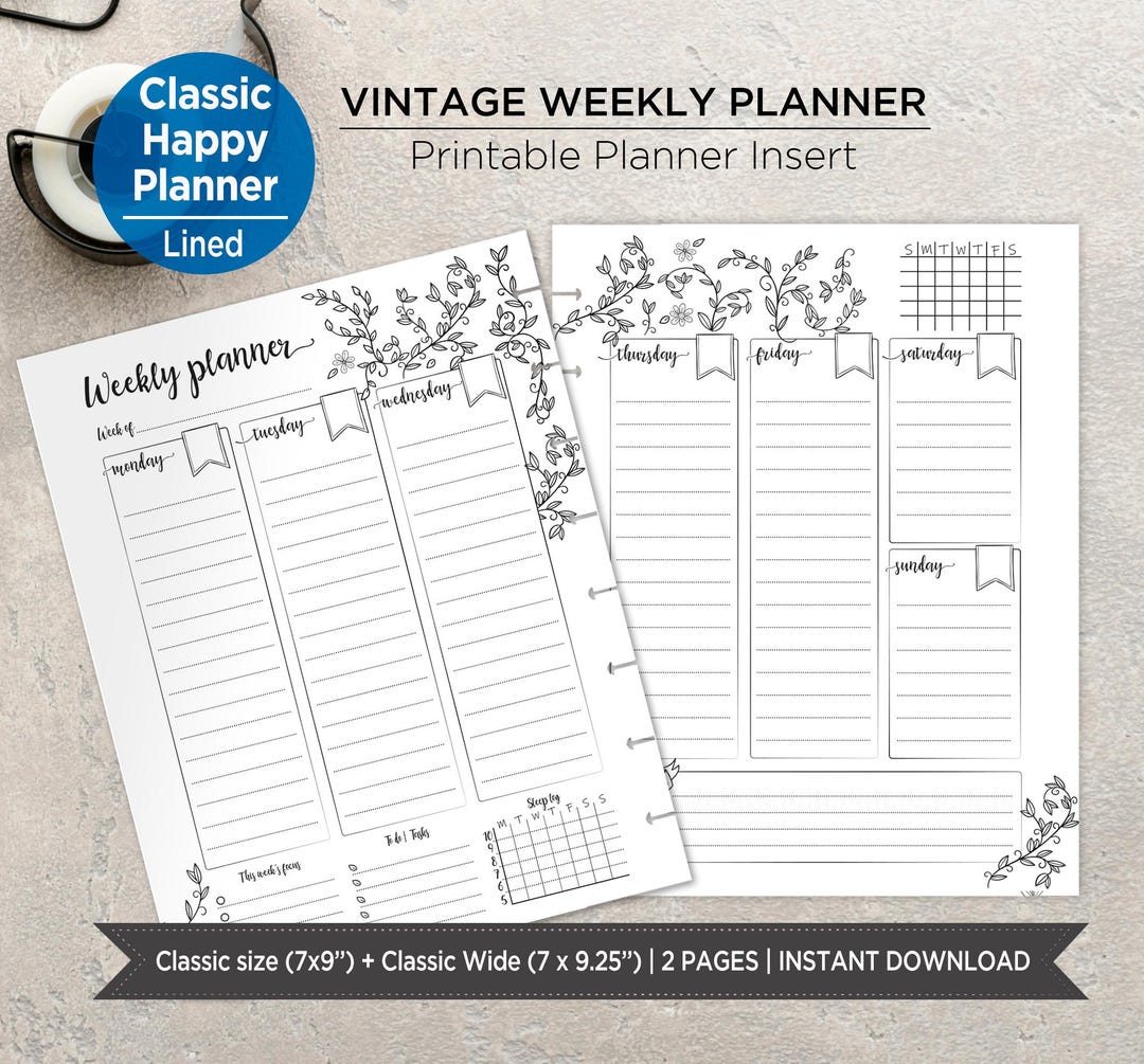 Vintage Weekly Planner Insert Printable | Classic & Classic Wide Happy ...