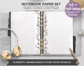 Bullet Journal Planner Inserts | Notebook Paper Set printable: Grid, Dotted, Lined Pages | A5 binder & half page fits digital planners PIBJ
