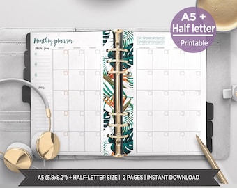 Tropical Monthly A5 Planner Inserts | Undated Monthly Calendar to print | A5 binder & Half planner pages. PITD