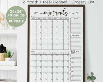 Family Wall Calendar Printable | Personalized 2-Month Calendar | Portrait Family Organizer | 24x36 Digital Download.
