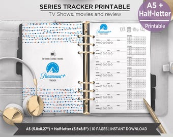 May include: A printable series tracker with the text "SERIES TRACKER PRINTABLE" and "TV Shows, movies and review". The tracker includes sections for TV shows, movies, and reviews, with a Paramount+ logo. The size is A5 (5.8x8.27") and half-letter (5.5x8.5").